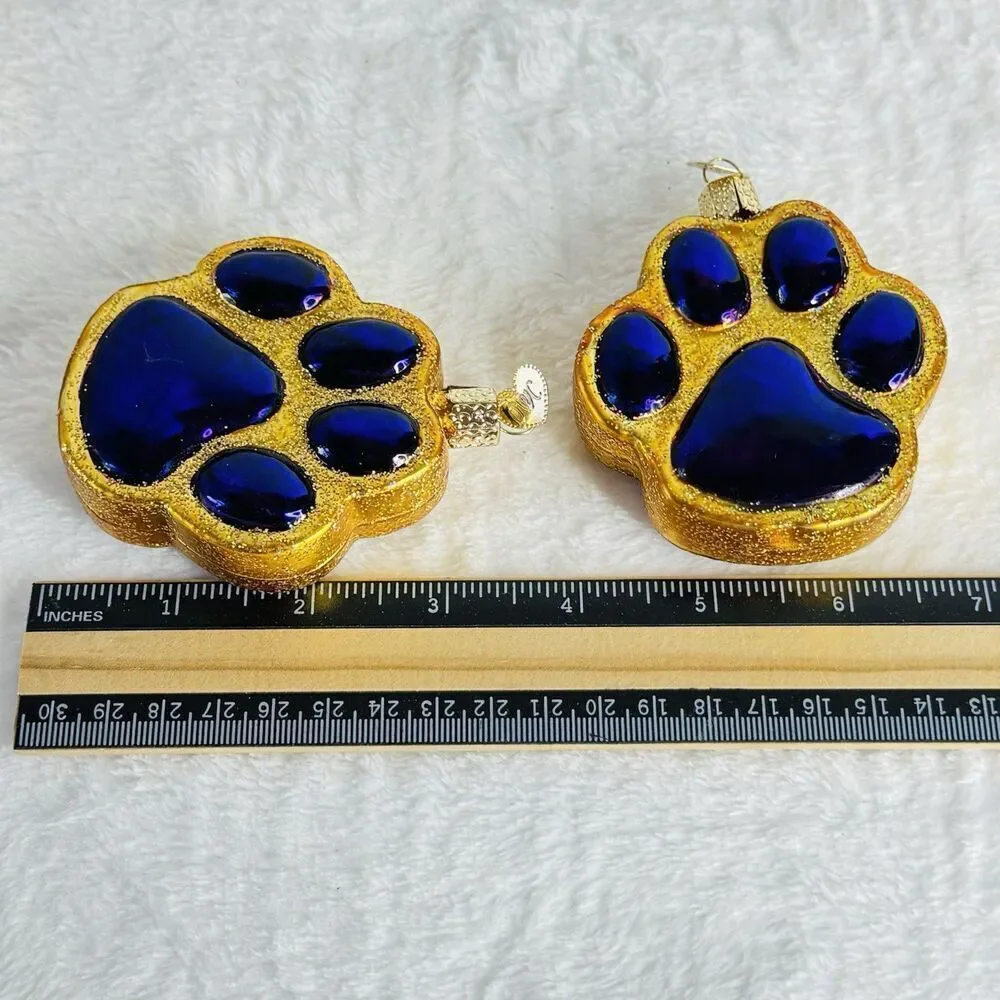 2 Old World Christmas Ornament Paw Print Purple Gold